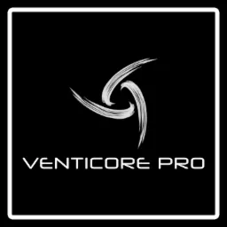 Logo firmy Venticore Pro z abstrakcyjnym symbolem wirujących ostrzy na czarnym tle.