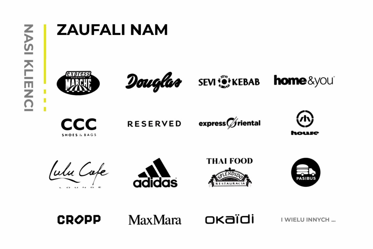 Logotypy znanych marek, które zaufały firmie, w czarno-białej grafice na białym tle, z tekstem 'Nasi Klienci' po lewej stronie i 'Zaufali Nam' u góry.