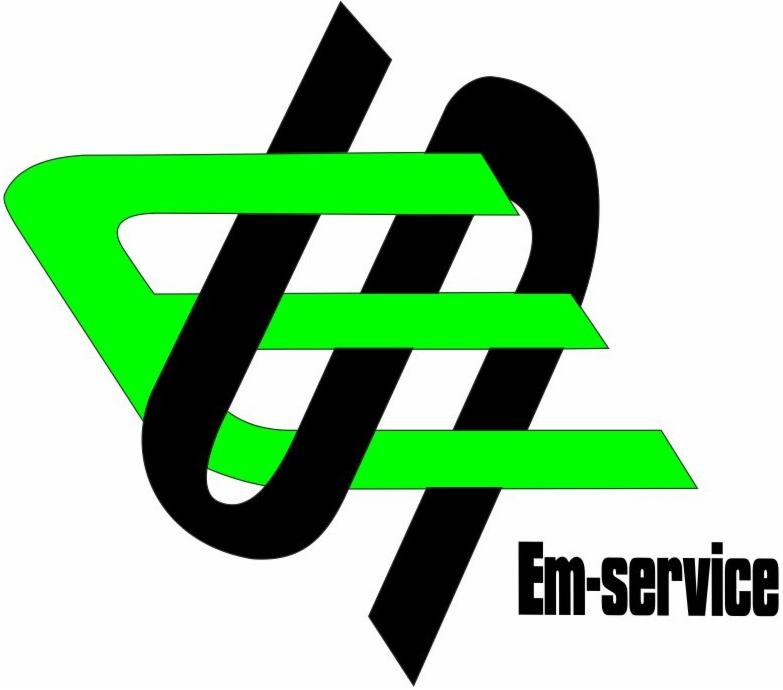 Abstrakcyjne logo Em-service: połączenie zielonych i czarnych linii tworzących unikalny symbol graficzny, z nazwą firmy w prawym dolnym rogu.