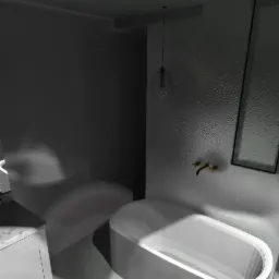 Wizualizacja łazienki z wolnostojącą wanną, złotą armaturą i okrągłą lampą wiszącą; widoczny fragment toalety oraz umywalka z blatem z efektem marmuru.