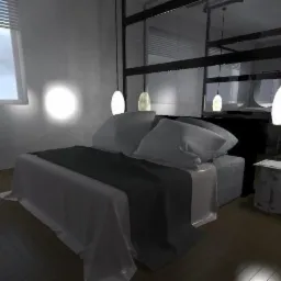 Nowoczesna sypialnia z łóżkiem, wiszącymi lampami i lustrzanymi panelami, oświetlona światłem dziennym z okna i lampami, z minimalistycznym stolikiem nocnym.