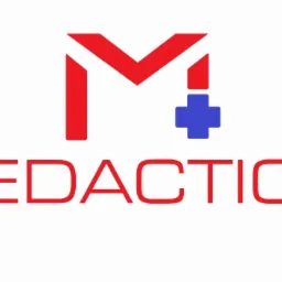 Logo firmy Medaction: Czerwona litera M z niebieskim krzyżem w prawym górnym rogu, nazwa firmy w kolorze czerwonym poniżej.