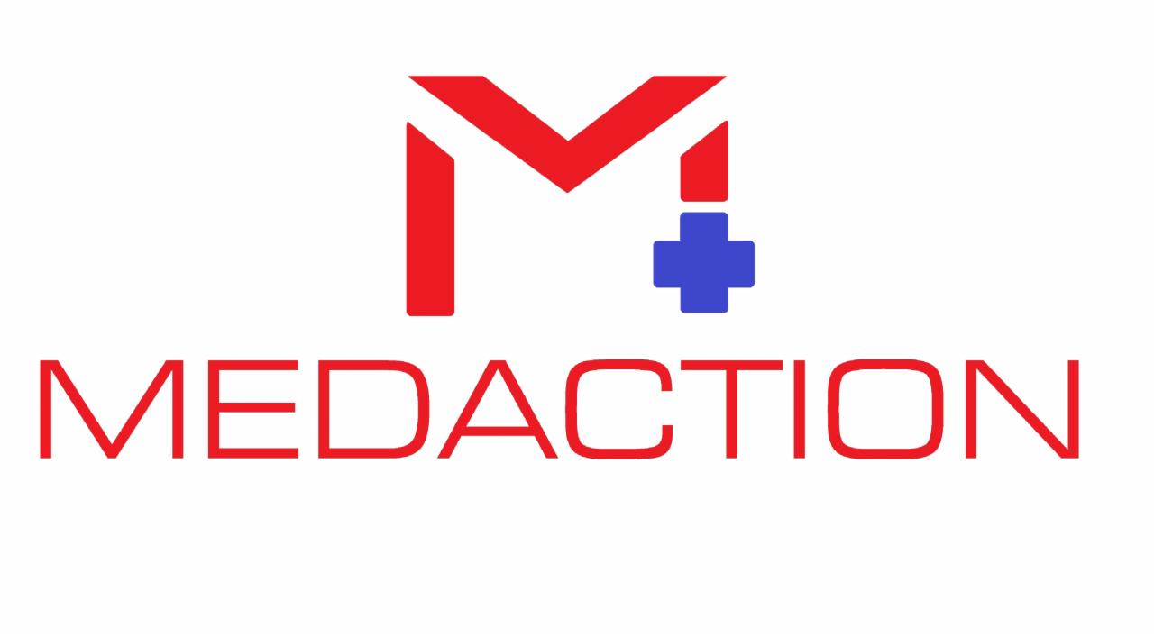 Logo firmy Medaction: Czerwona litera M z niebieskim krzyżem w prawym górnym rogu, nazwa firmy w kolorze czerwonym poniżej.
