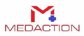 Logo firmy Medaction: Czerwone litery tworzące stylizowane 'M' z niebieskim krzyżem po prawej stronie, nad napisem 'MEDACTION' w kolorze czerwonym.