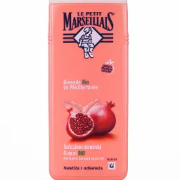 Różowa butelka żelu pod prysznic Le Petit Marseillais o zapachu granatu, z ilustracją granatu i chłopca w marynarskim stroju, na białym tle z odbiciem.