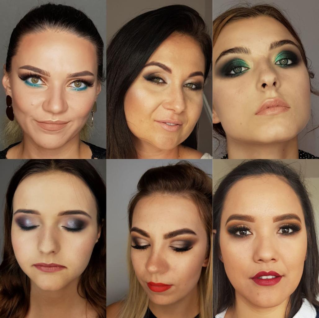 Kolaż prezentujący sześć portretów kobiet z różnymi stylizacjami okolicznościowego upiększenia twarzy, w tym intensywne cienie, precyzyjne kreski i wyraziste pomadki.