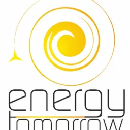 Logo firmy 'energy tomorrow' z żółtym symbolem słońca w formie spirali.