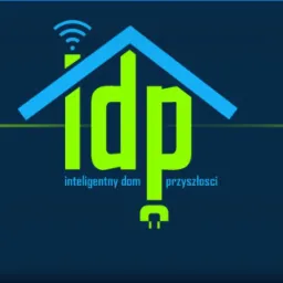 Graficzne logo firmy IDP, prezentujące stylizowany dom z anteną Wi-Fi i napisem 'inteligentny dom przyszłości', na ciemnoniebieskim tle.