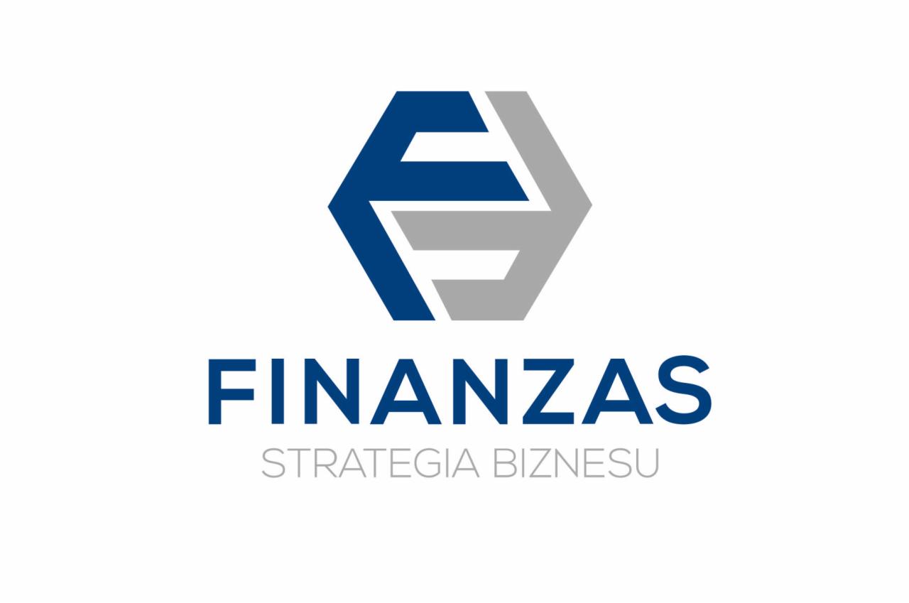 Logo firmy Finanzas Strategia Biznesu z abstrakcyjnym symbolem w kształcie sześcioboku, w kolorach niebieskim i szarym, na białym tle.