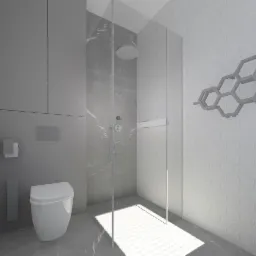 Wizualizacja nowoczesnej łazienki z kabiną prysznicową typu walk-in, toaletą podwieszaną i grzejnikiem dekoracyjnym w kształcie heksagonów, utrzymana w szarościach z marmurowymi akcentami.