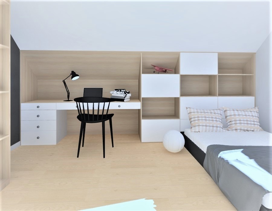 Pokój dziecięcy z biurkiem w zabudowie, łóżkiem z zagłówkiem z półkami, czarnym krzesłem i lampką.
