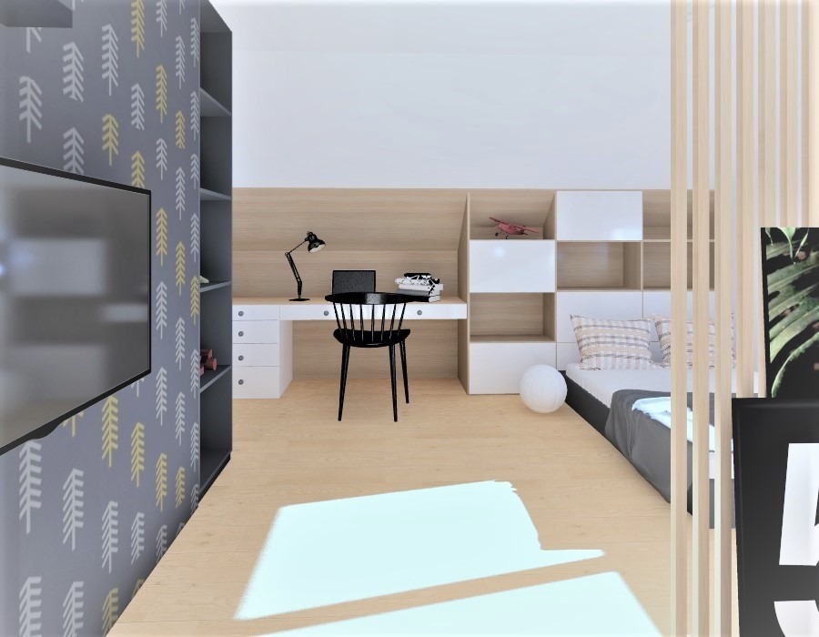 Pokój młodzieżowy z biurkiem wbudowanym w regał, łóżko z szarą narzutą i białą kulą pod regałem, ściana z wzorzystą tapetą w odcieniach szarości i żółci.