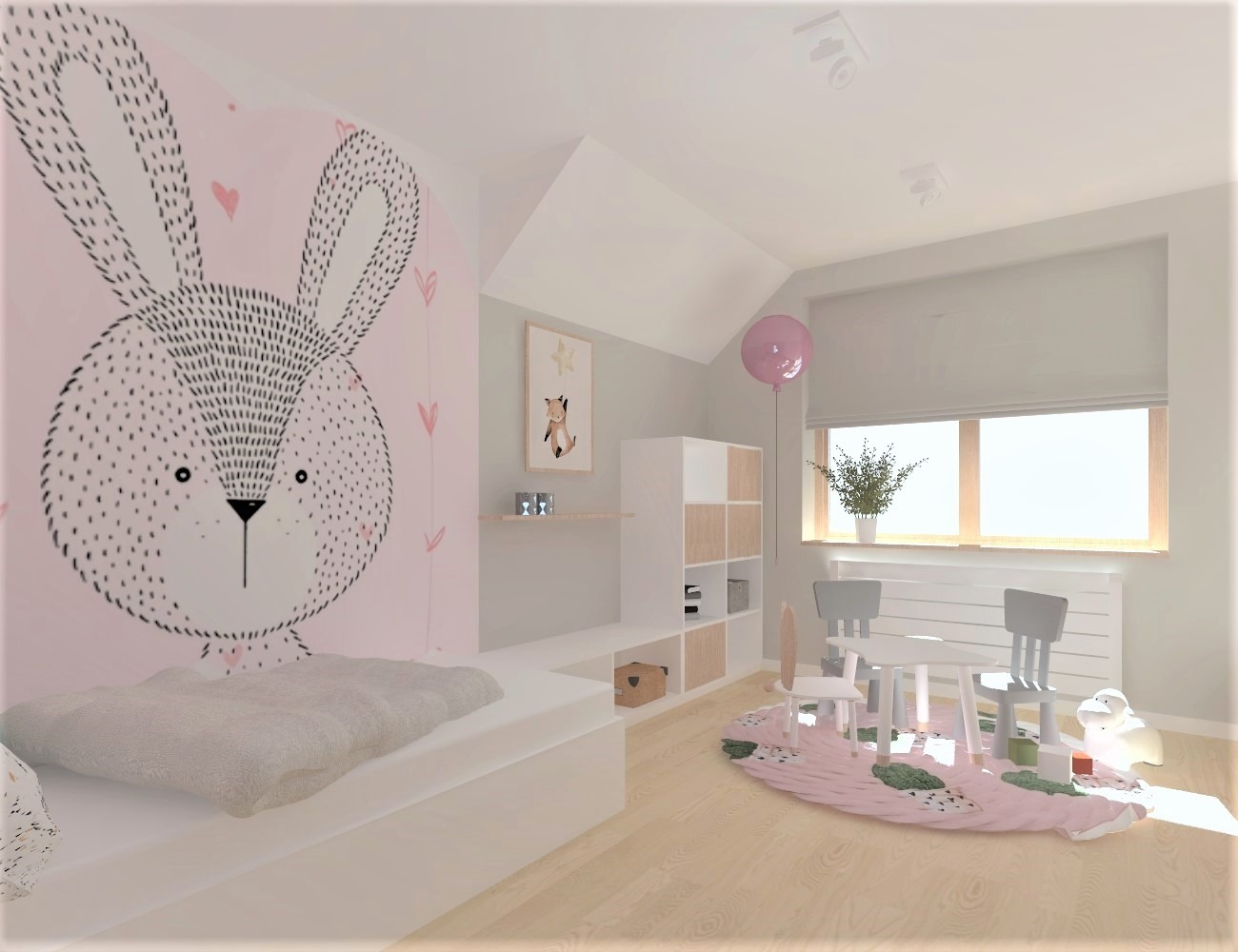 Pokój dziecięcy w Ostrowie Wielkopolskim z łóżkiem z motywem królika na ścianie, stolikiem i krzesłami dla dzieci oraz półkami na zabawki, utrzymany w jasnej kolorystyce z elementami różu.