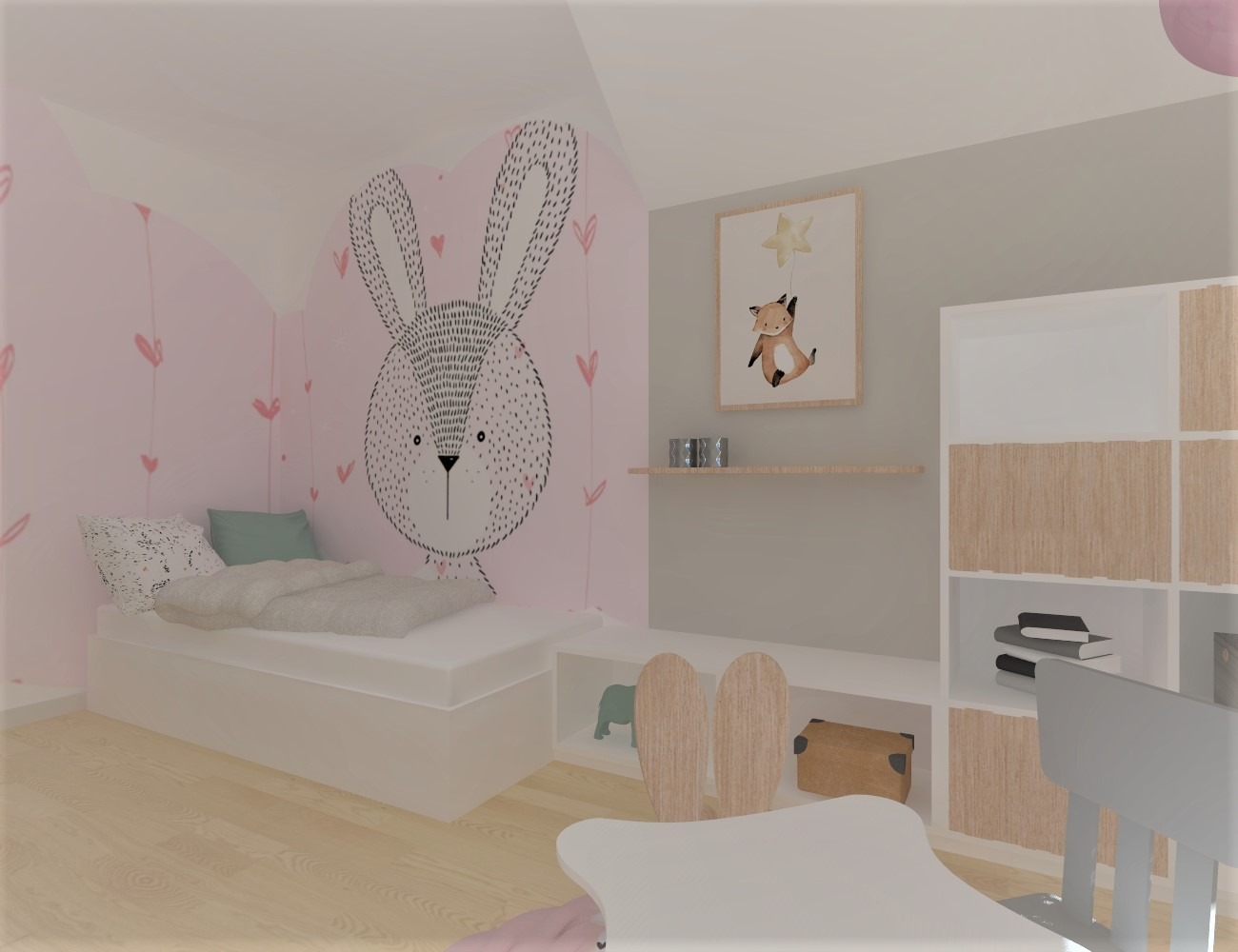 Pokój dziecięcy z łóżkiem, biurkiem i regałem, ściana z rysunkiem królika i serduszkami, pastelowa kolorystyka, widoczne drewniane elementy wyposażenia.
