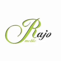 Logo firmy meblarskiej 'Rajo meble' z zielonym, ozdobnym napisem na białym tle.