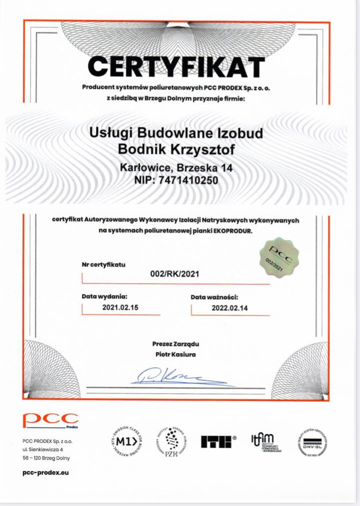 Skan certyfikatu autoryzacji dla firmy Usługi Budowlane Izobud Bodnik Krzysztof, wydany przez PCC Prodex, potwierdzający uprawnienia do wykonywania izolacji natryskowych pianką poliuretanową...
