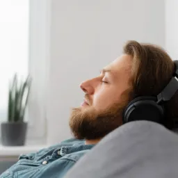 Mężczyzna z brodą w słuchawkach na uszach, z zamkniętymi oczami, leżący na szarej sofie w jasnym pomieszczeniu. Na parapecie za nim stoi doniczka z rośliną i aparat fotograficzny.