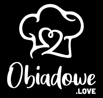 Białe logo firmy cateringowej na czarnym tle, przedstawiające stylizowaną czapkę kucharską z sercem i napis 'Obiadowe.LOVE'.