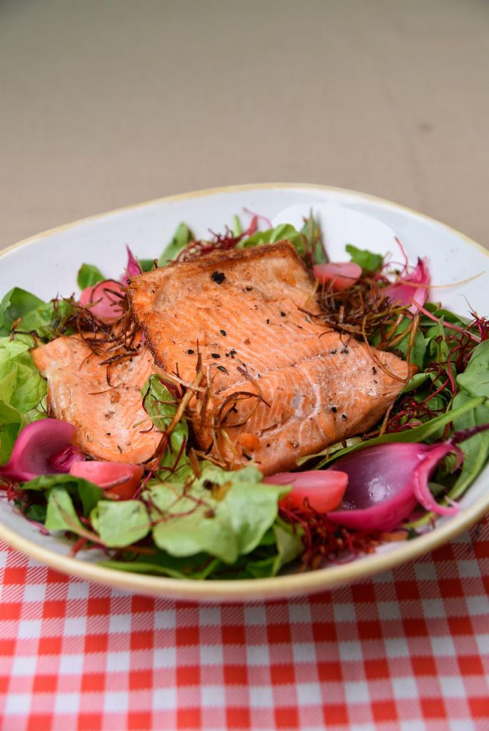 Dwa filety z łososia na sałatce z mieszanych zielonych liści i marynowanej czerwonej cebuli, podane na białym talerzu z kremową obwódką, na czerwono-białym obrusie w kratkę.