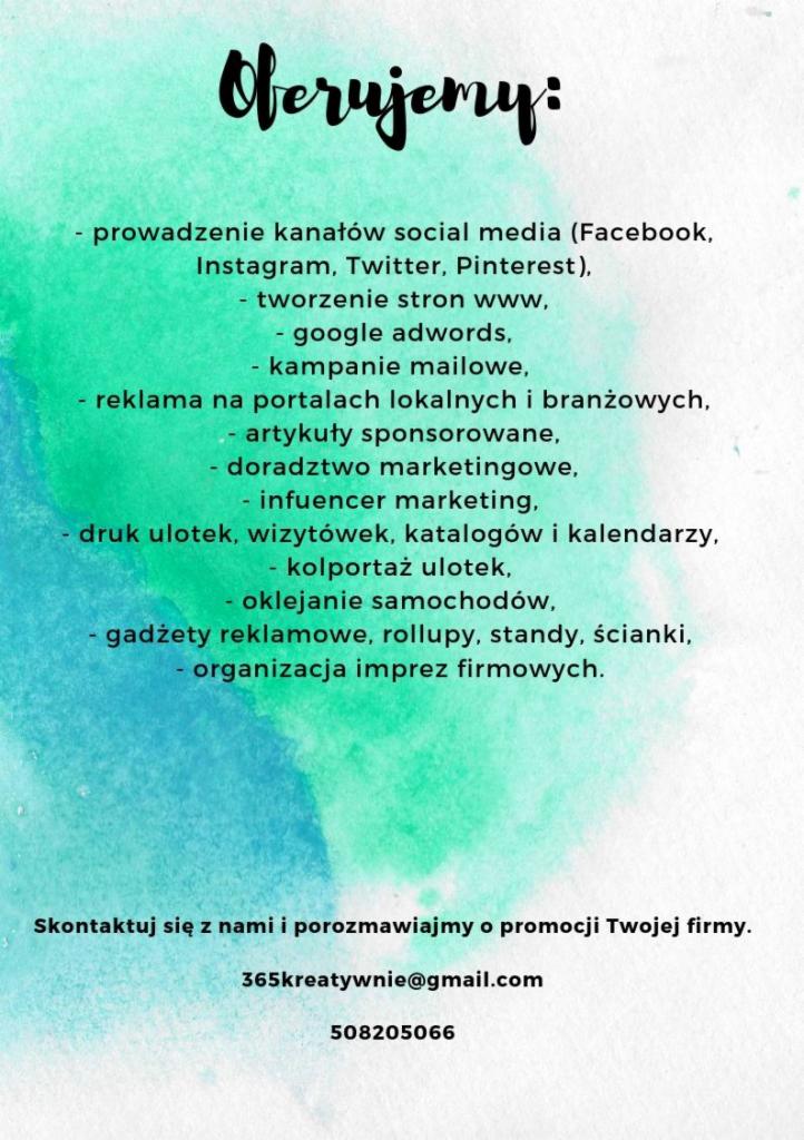 Grafika reklamowa z listą oferowanych usług marketingowych, w tym prowadzenie social mediów, tworzenie stron WWW, Google Ads, druk materiałów reklamowych i organizacja imprez firmowych, z kontaktem...