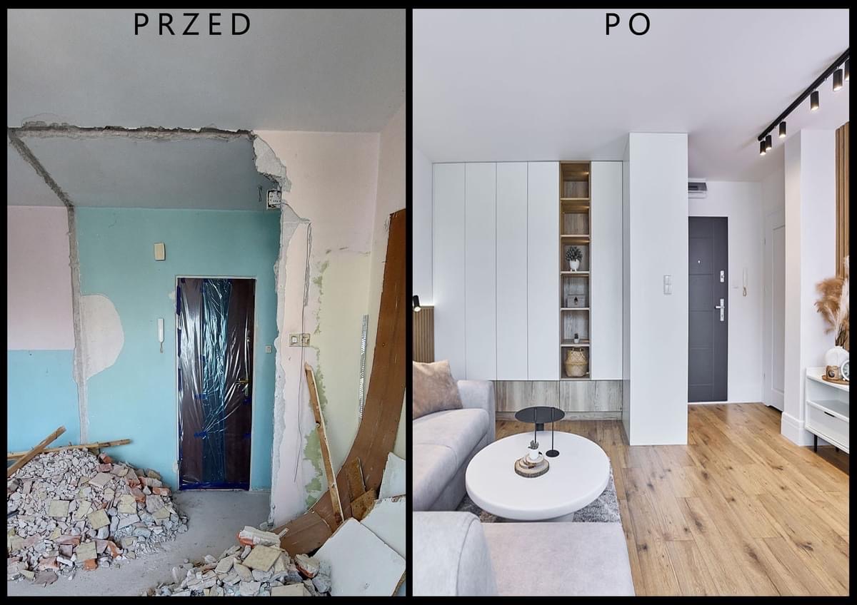 Porównanie stanu mieszkania przed i po: od gruzowiska z odsłoniętymi ścianami do nowocześnie urządzonego salonu z drewnianą podłogą, białą zabudową i minimalistycznym stolikiem kawowym.