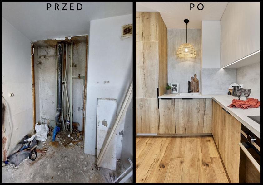 Porównanie stanu kuchni przed i po remoncie: surowe rury i gruz kontra nowoczesna zabudowa z drewnianymi frontami, oświetleniem podszafkowym i ozdobną lampą z wikliny.