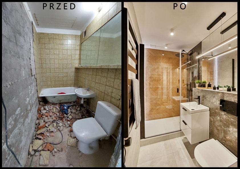 Porównanie łazienki przed i po: zdemolowane wnętrze z gruzem kontra nowoczesna kabina prysznicowa, umywalka z szafką i minimalistyczne oświetlenie.