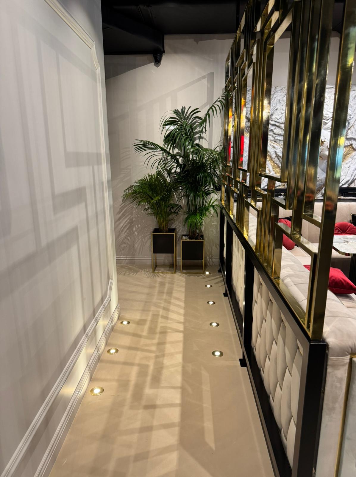 Eleganckie wnętrze z roślinami w czarnych donicach, podświetlaną podłogą i złotą ścianką działową z tapicerowanym siedziskiem w tle.