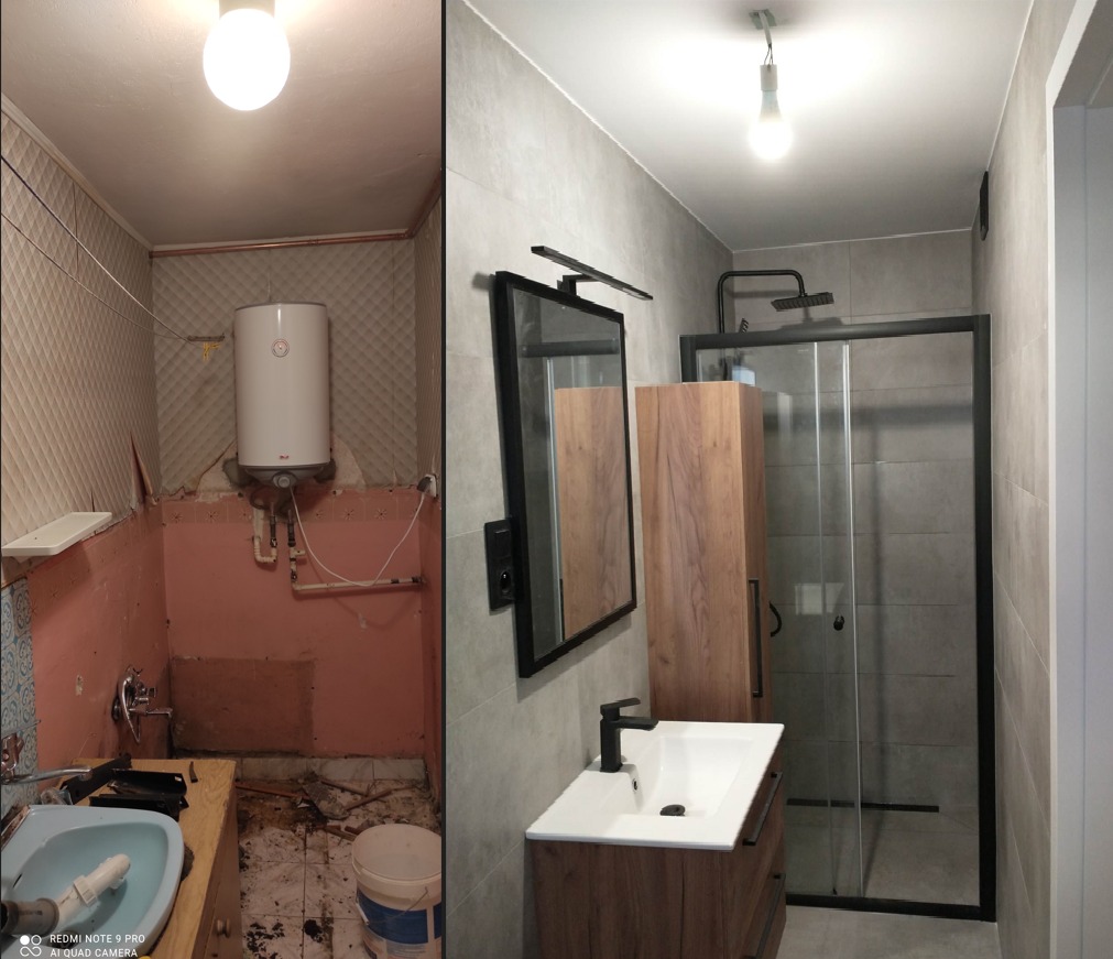 Remont łazienki: widok przed i po. Po lewej stara łazienka z uszkodzonymi ścianami, po prawej nowa z kabiną prysznicową, umywalką i lustrem. Szare płytki.