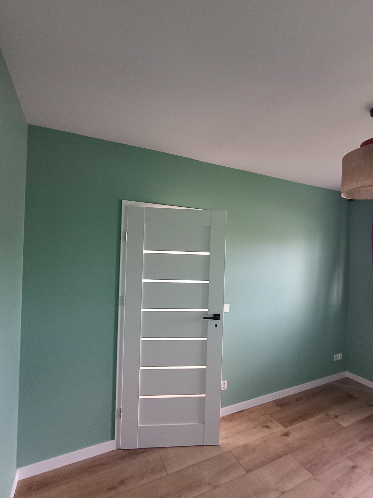 Ściana pomalowana na zielono, białe drzwi z poziomymi przeszkleniami i drewniana podłoga. Widoczne gniazdka elektryczne i lampa sufitowa. Świeżo po remoncie, czysto i schludnie.