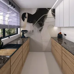 Wizualizacja wąskiej kuchni z drewnianymi szafkami, blatem z ciemnego granitu, białymi szafkami wiszącymi i abstrakcyjną grafiką na ścianie, oświetlona listwą LED pod szafkami.