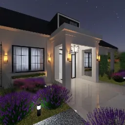 Wizualizacja domu jednorodzinnego z podświetlonym wejściem, fioletową lawendą w ogrodzie i gwiazdami na nocnym niebie.