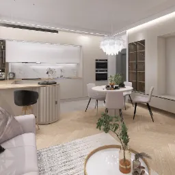 Jasne wnętrze: salon z aneksem kuchennym i jadalnią. Parkiet w jodełkę, pastelowe meble, minimalistyczne oświetlenie. Widoczny fragment sofy i stolika kawowego.