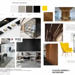 Plansza inspiracji dla projektu biura: paleta kolorów (biel, szarości, czerń, żółty akcent), oświetlenie punktowe, drewniane lamele, szklane ścianki działowe, rośliny doniczkowe, meble biurowe...