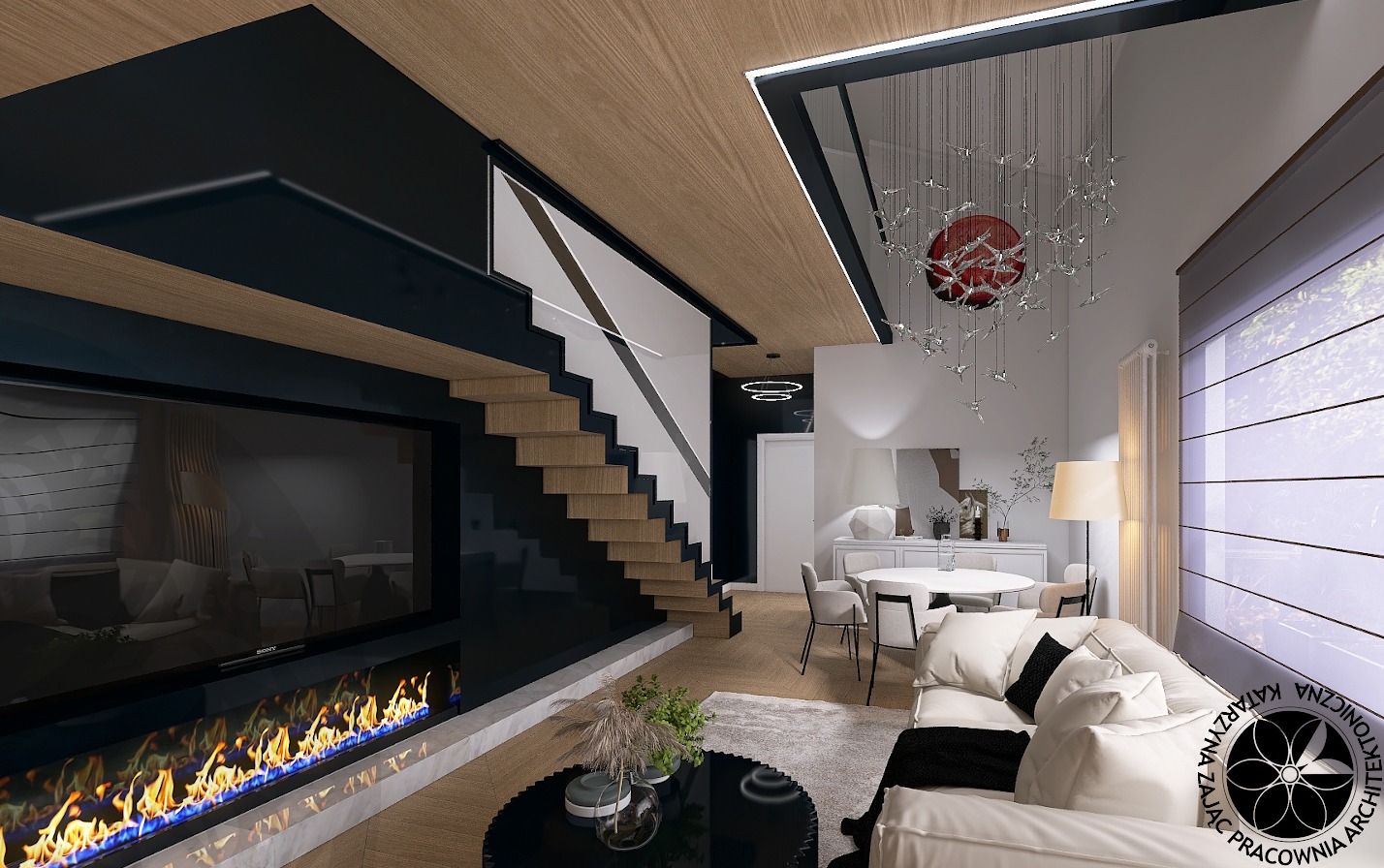 Wizualizacja salonu z kominkiem elektrycznym pod telewizorem, drewnianymi schodami i dekoracyjnym oświetleniem sufitowym z motywem ptaków i czerwonym akcentem.