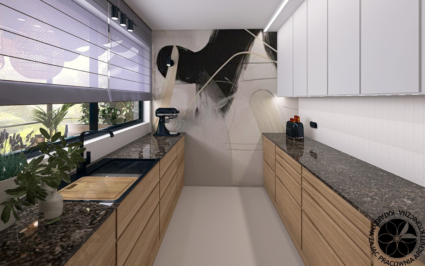 Wizualizacja wąskiej kuchni z drewnianymi szafkami, blatem z ciemnego granitu, białymi szafkami wiszącymi i abstrakcyjną grafiką na ścianie, oświetlona listwą LED pod szafkami.