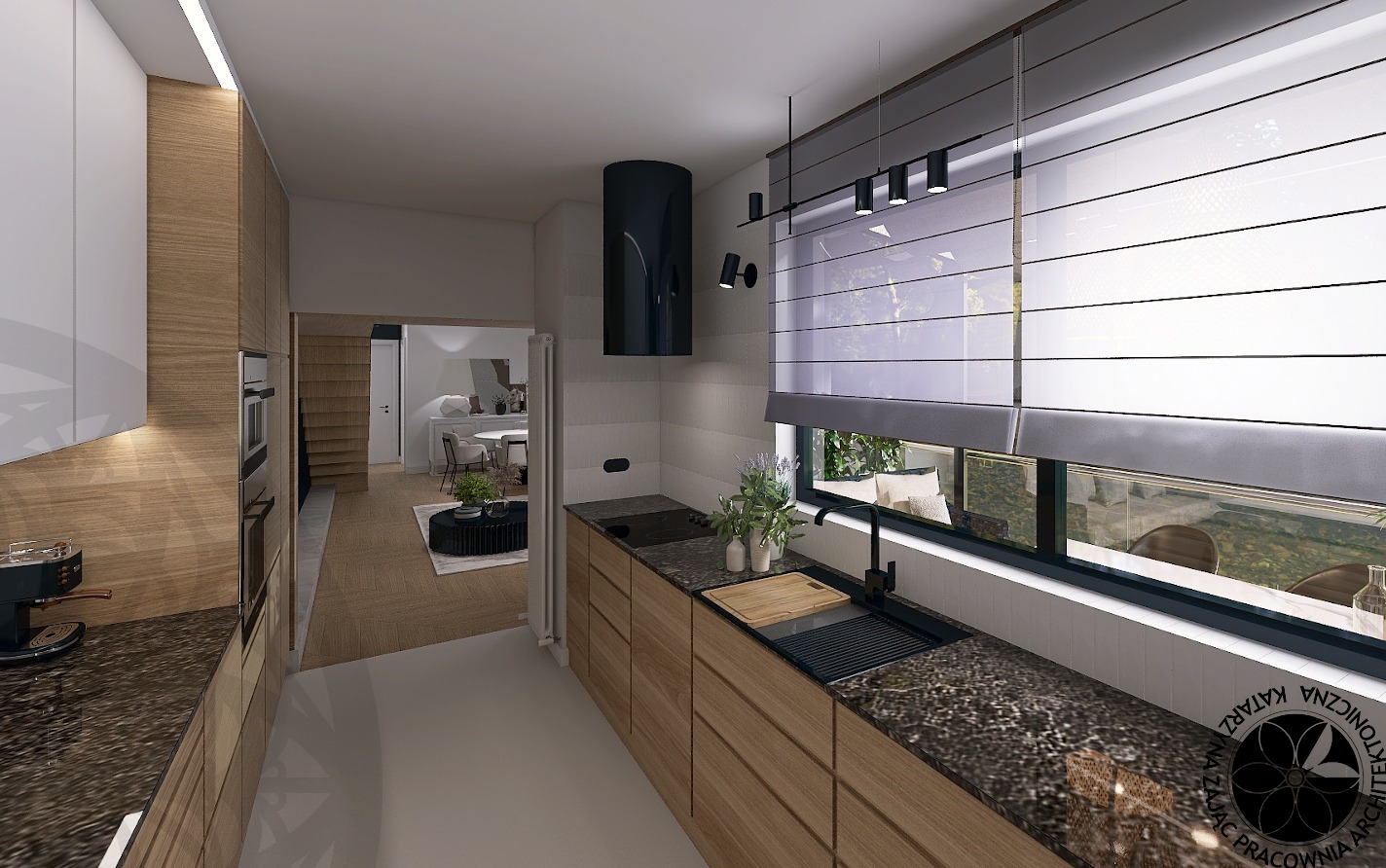 Wizualizacja nowoczesnej kuchni z drewnianymi szafkami, czarnym okapem cylindrycznym i marmurowym blatem, widok na salon z jadalnią w tle.