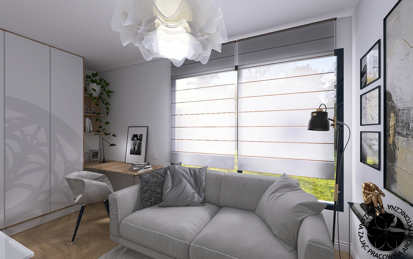 Wizualizacja jasnego pokoju z szarą sofą, biurkiem przy ścianie z roślinami i lampą, oraz roletami rzymskimi w oknie. Na ścianie wiszą czarno-białe grafiki i złota figurka na stoliku.