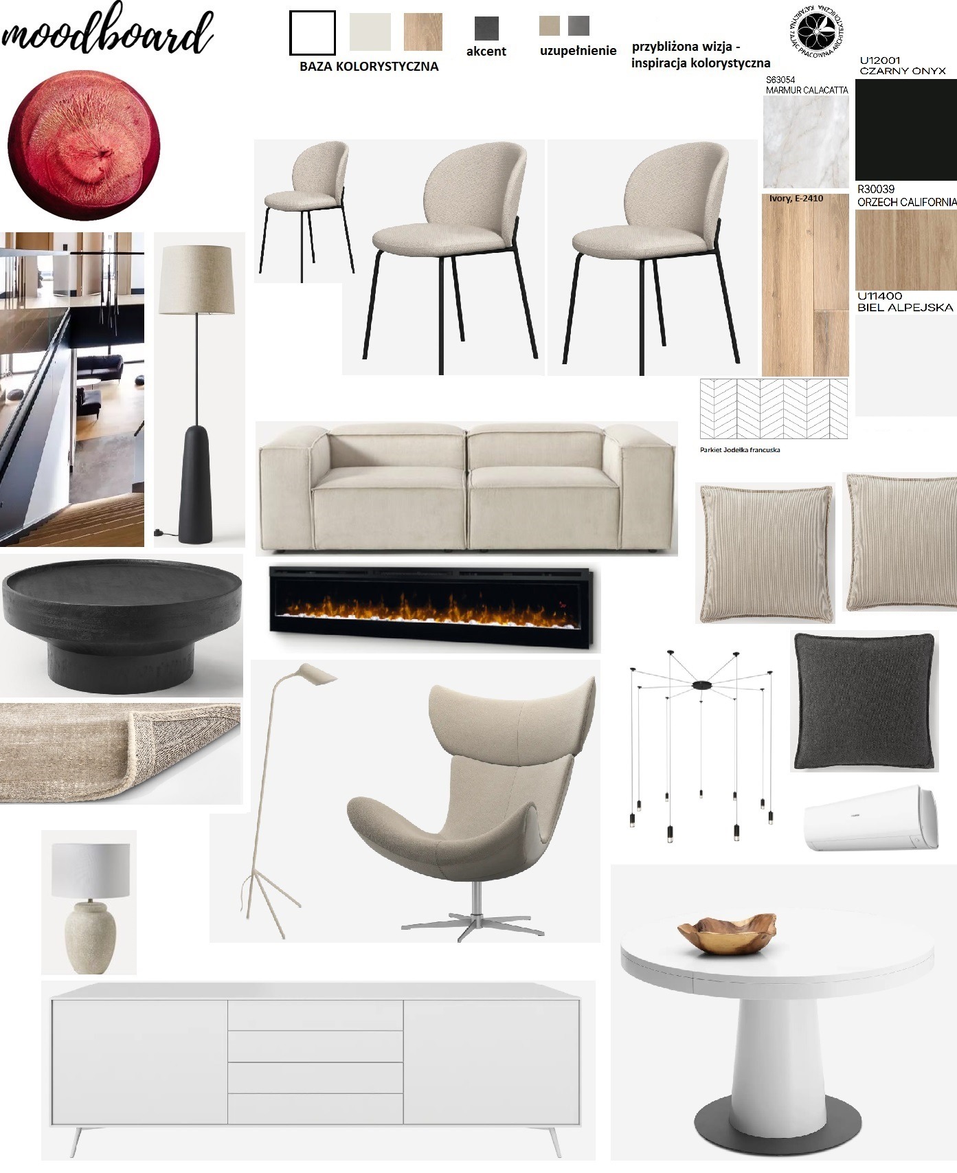 Moodboard wnętrzarski z paletą kolorystyczną i wizualizacjami mebli: beżowa sofa, krzesła z czarnymi nogami, komoda, okrągły stół, fotel obrotowy, dywan, lampa podłogowa, poduszki dekoracyjne...