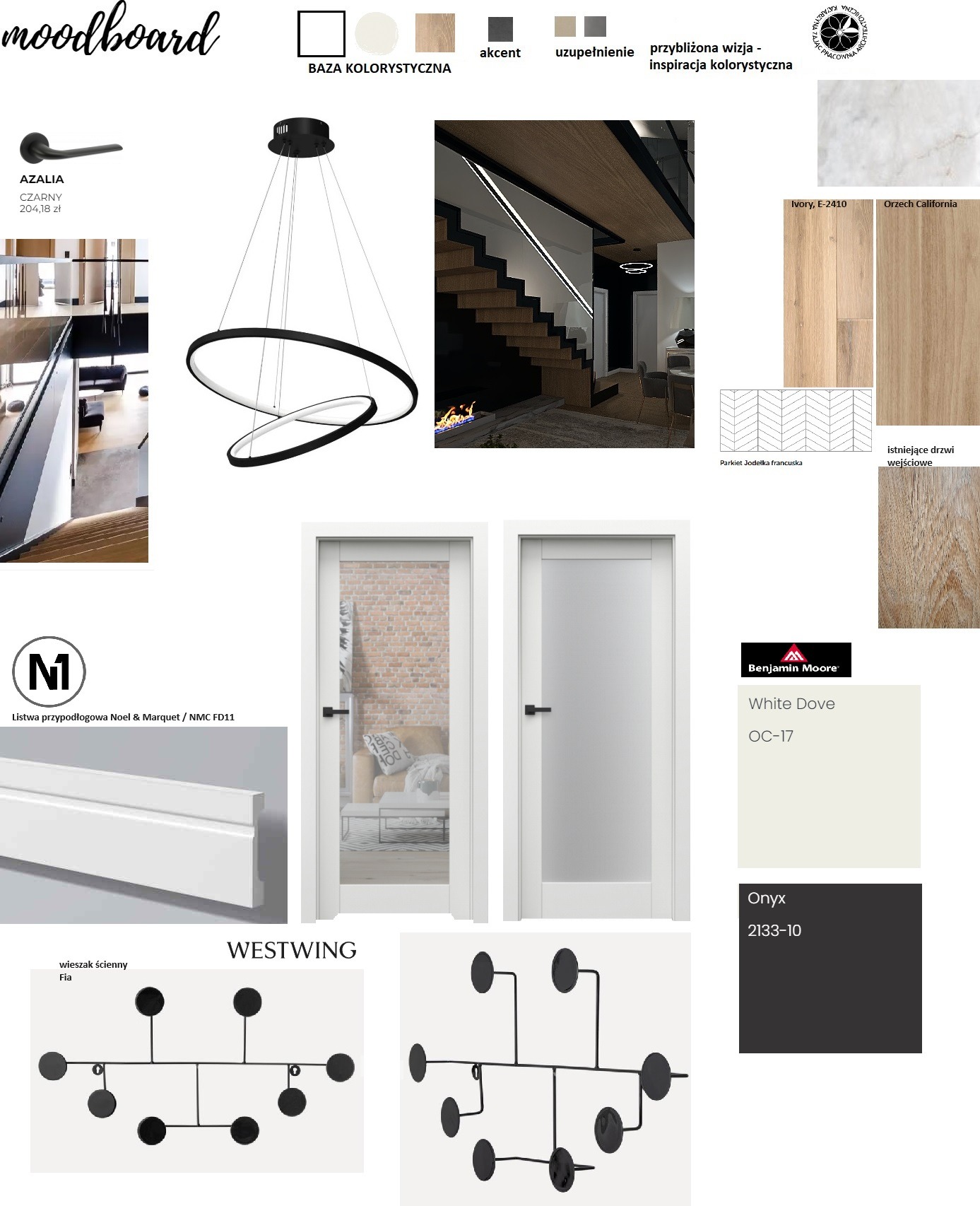 Moodboard wnętrzarski prezentujący zestawienie materiałów wykończeniowych, oświetlenia i elementów dekoracyjnych: drzwi z przeszkleniem, listwa przypodłogowa, lampa pierścieniowa, wieszak ścienny...