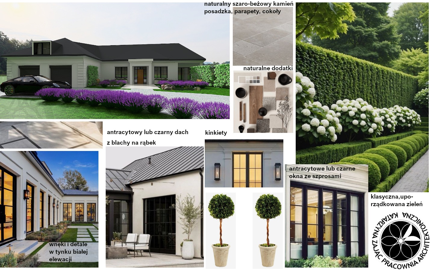 Wizualizacja projektu domu z ciemnym dachem i jasną elewacją, otoczonego fioletowymi kwiatami i starannie utrzymaną zielenią. Na kolażu zaprezentowane detale elewacji, materiały wykończeniowe...