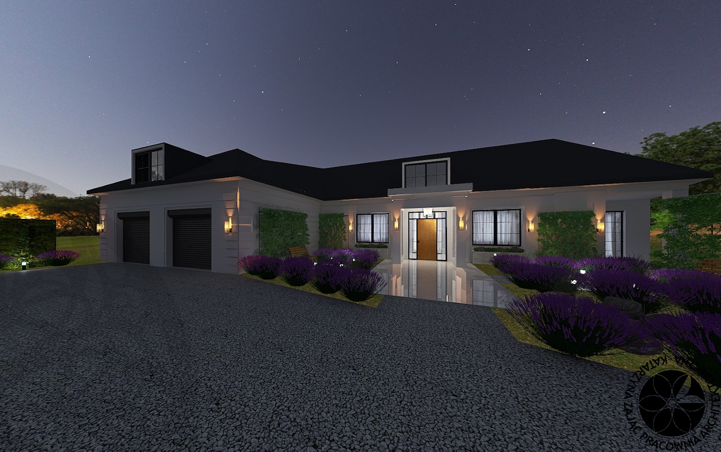 Wizualizacja domu jednorodzinnego z garażem dwustanowiskowym, oświetlonego lampami elewacyjnymi i otoczonego rabatami z fioletową lawendą, prezentowana nocą.