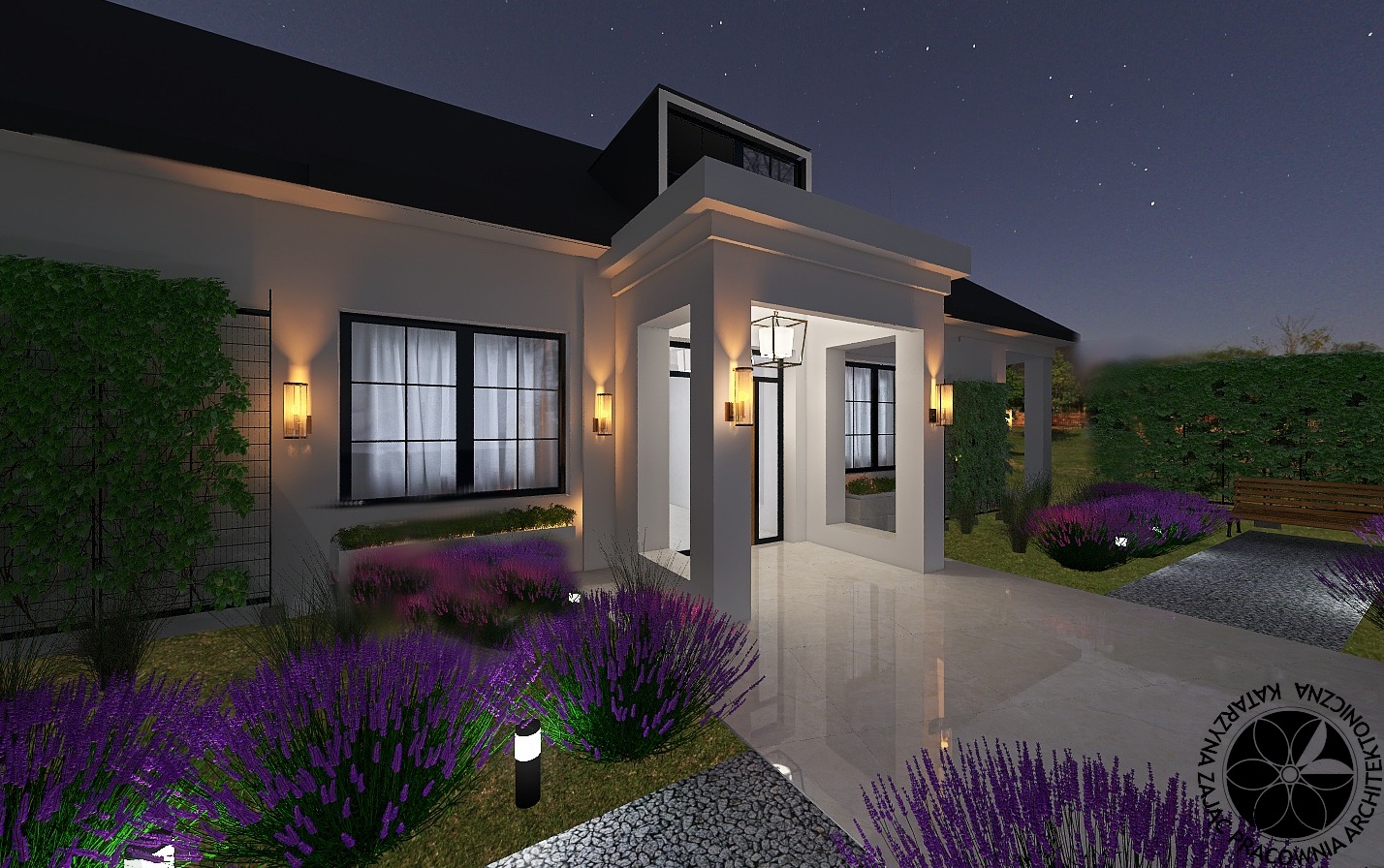 Wizualizacja domu jednorodzinnego z podświetlonym wejściem, fioletową lawendą w ogrodzie i gwiazdami na nocnym niebie.