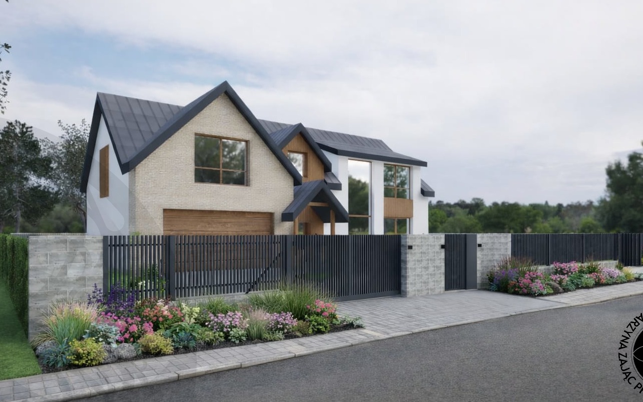 Wizualizacja nowoczesnego domu jednorodzinnego z jasną elewacją, ciemnym dachem i ogrodzeniem z elementami betonowymi oraz rabatami kwiatowymi wzdłuż podjazdu.