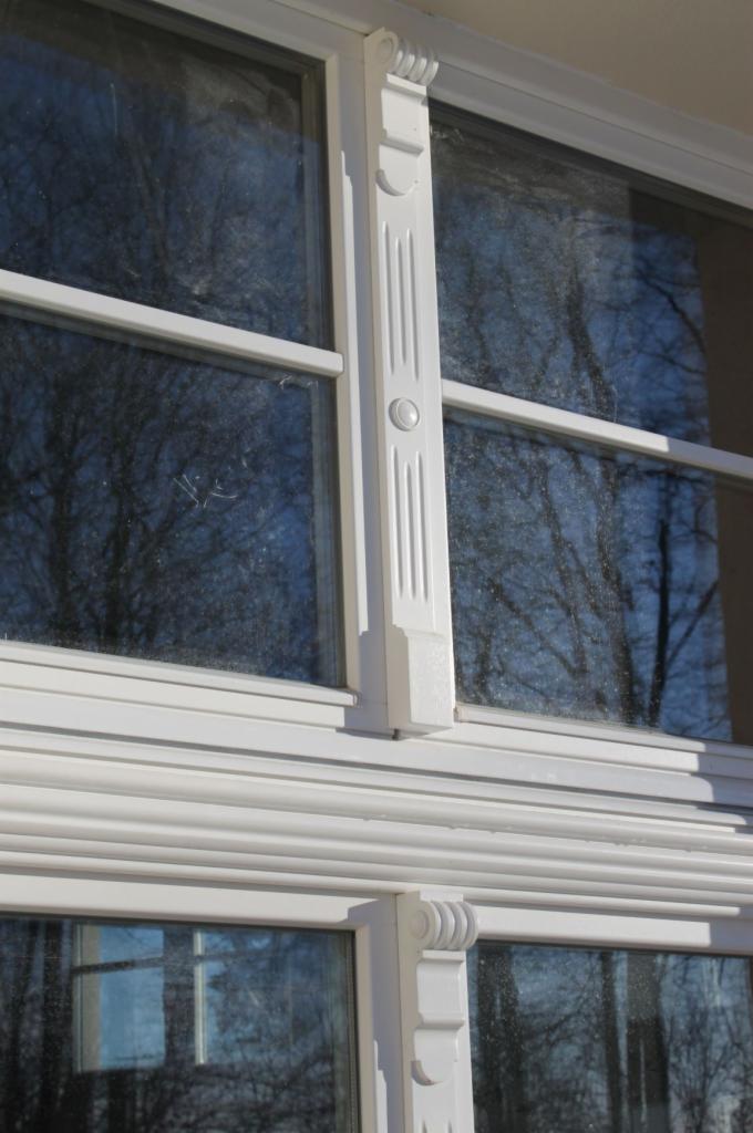 Białe okno z ozdobnymi ramami i szybami, na których widać odbicie drzew bez liści.