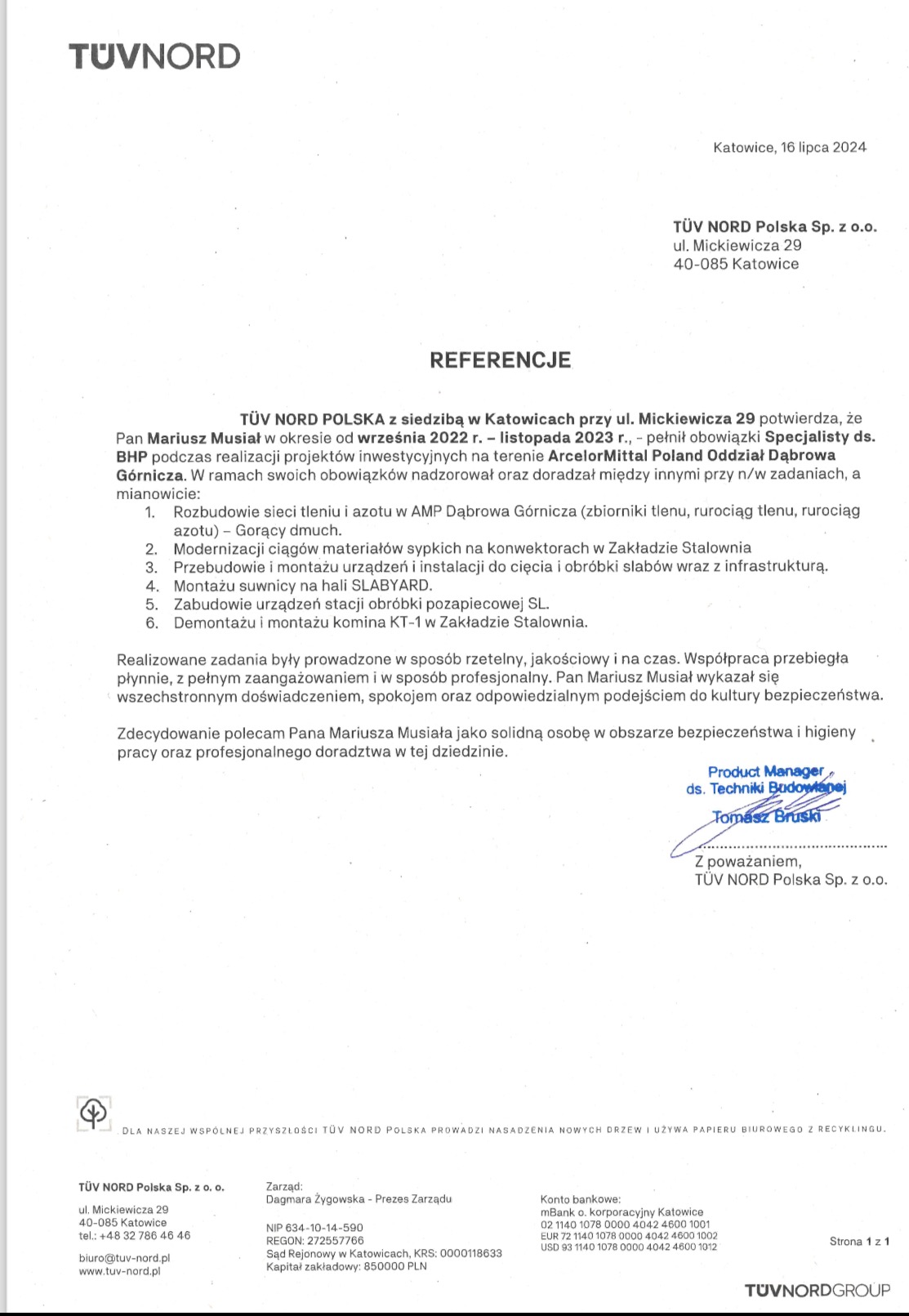 Skan dokumentu referencyjnego od TÜV NORD Polska, potwierdzający realizację obowiązków specjalisty BHP przez Mariusza Musiała w ArcelorMittal Poland Oddział Dąbrowa Górnicza w okresie wrzesień 2022...