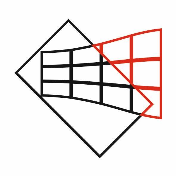 Abstrakcyjna grafika: czarny romb z siatką i czerwony kwadrat z siatką, nakładające się, na białym tle. Geometryczny minimalizm.