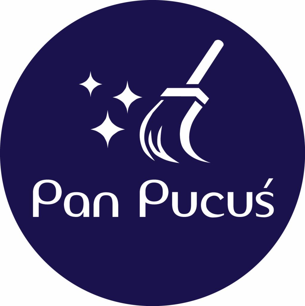 Logo firmy sprzątającej Pan Pucuś: stylizowana miotła i trzy gwiazdki na granatowym tle w okręgu.