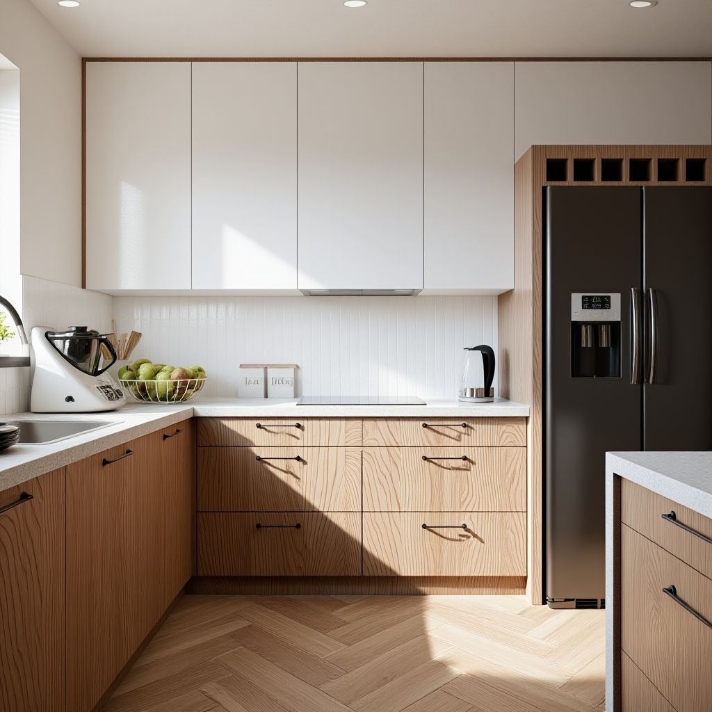 Jasna kuchnia z drewnianymi szafkami i białymi górnymi szafkami. Na blacie robot kuchenny, owoce i czajnik. Podłoga ułożona w jodełkę. Nowoczesny design.