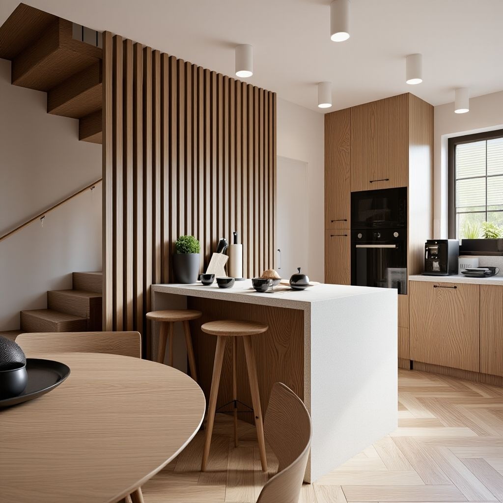 Jasna kuchnia z drewnianymi akcentami: lamelowa ścianka działowa, drewniane szafki i podłoga w jodełkę. Minimalistyczny stół z krzesłami i wyspa kuchenna z hokerami.